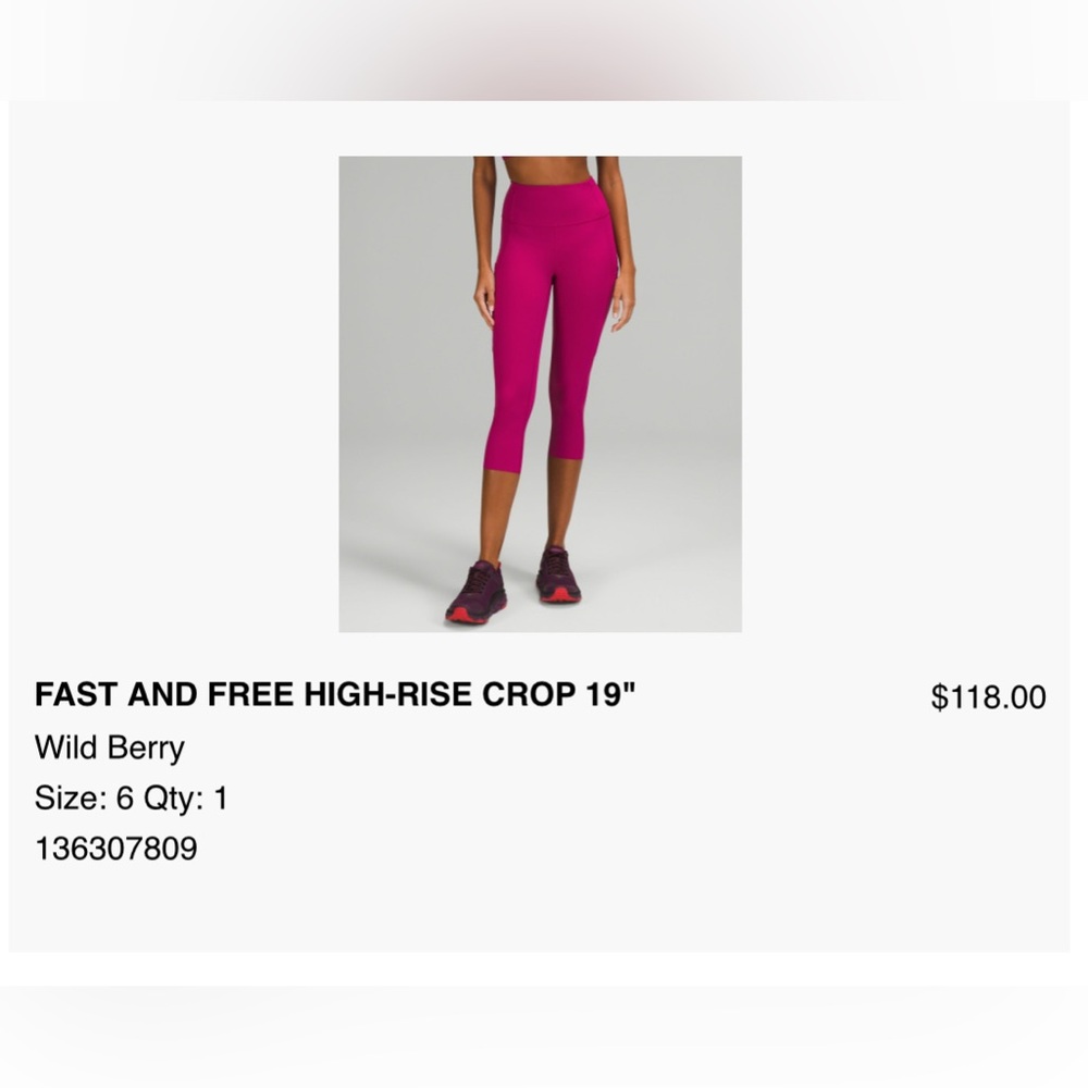 Lululemon Fast and Free High Rise 19” Crop Leggings